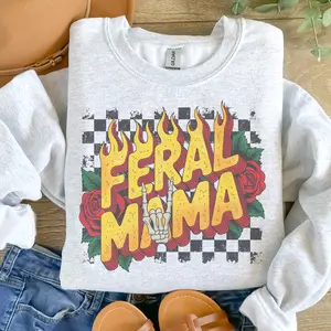 Mama - Feral Mama Skellie Hand Sweatshirt - Ash Grey - Unisex Jersey Sublimation Design Vintage Style Comfortable Everyday Wear