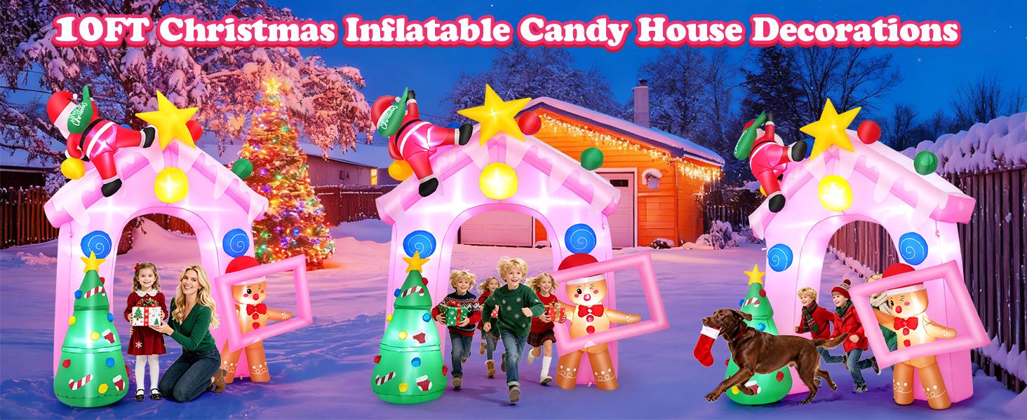AKEYDIY Pink Christmas Inflatables Outdoor Decorations with Colorful LED Lights, Christmas Inflatables with Santa Claus,Christmas Tree and Gingerbread man,Gift Box, Blow Up Yard Decor for Indoor Xmas Party Patio Lawn,10ft,6ft