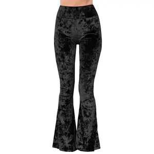 Daisy Del Sol Women’s Crushed Velvet Bell Bottom Flare Stretch High Waisted 70s Hippie Bohemian Festival Halloween Loungewear Forbidden Pants Leggings  - Black