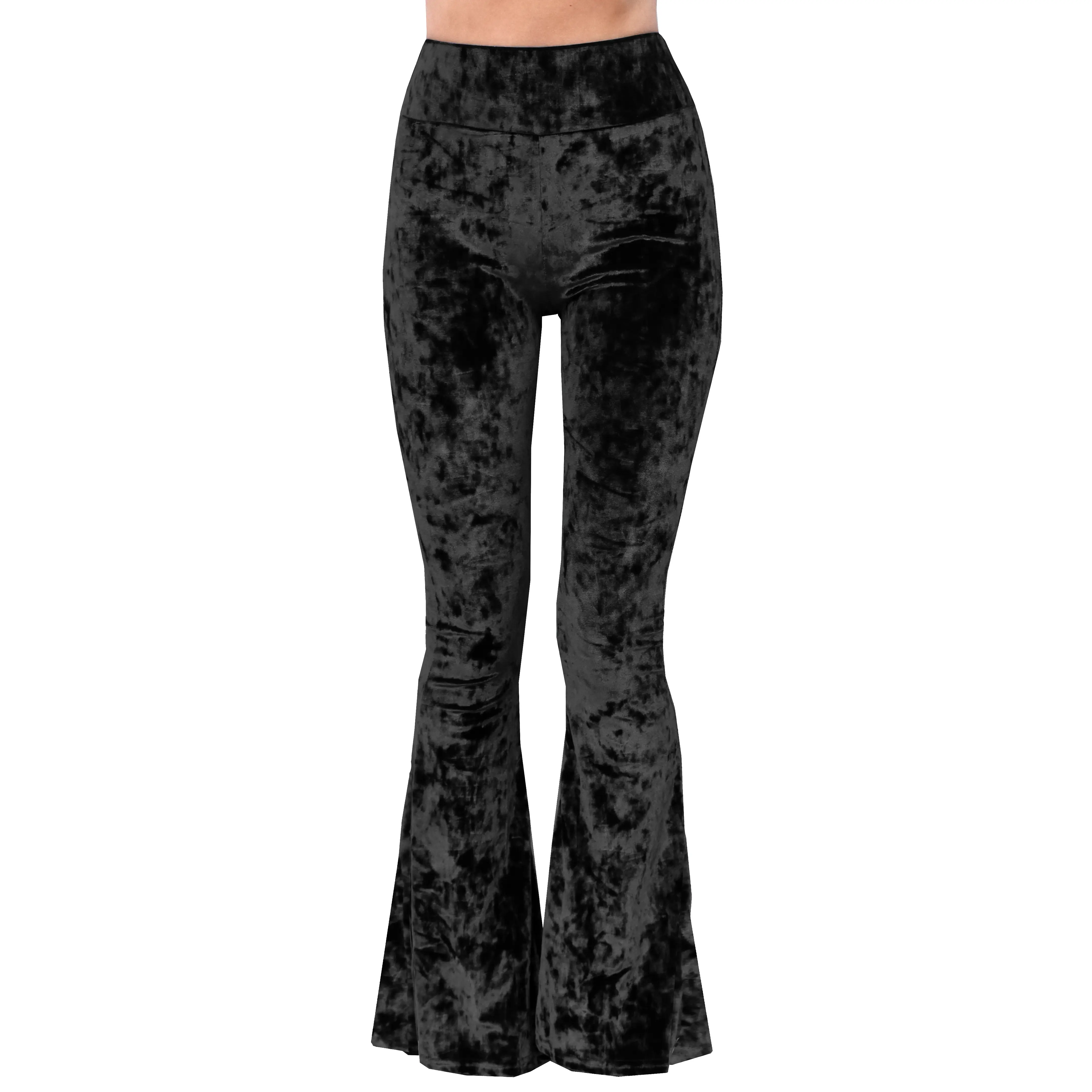 Daisy Del Sol Women’s Crushed Velvet Bell Bottom Flare Stretch High Waisted 70s Hippie Bohemian Festival Halloween Loungewear Forbidden Pants Leggings  - Black