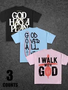 Men's Christian Faith Print 3-Pack T-Shirt Set, Top, "God Has A Plan" & "I Walk With God" Casual Tees, Loose Fit #ChristianTeePack #FaithBasedTees #ReligiousStreetwear #3PackTees #TikTokMadeMeBuyIt