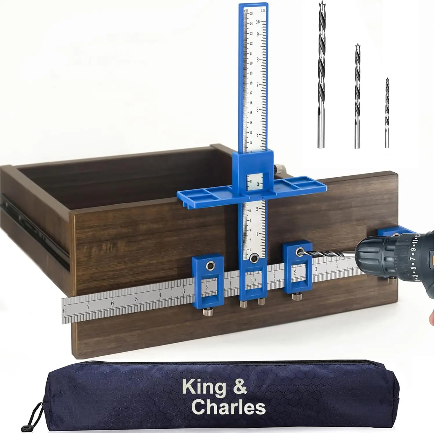 Cabinet Hardware Jig, King&Charles Cabinet Handle Jig with 3pcs Point Wood Drils Bits, Use for Handles Pulls Knobs on Drawers/Doors, Wood Drilling Dowelling Guide Set.