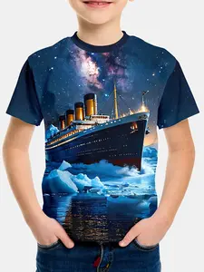 Boys' Nautical Starry Sky Short Sleeve T-Shirt, Cute Loose-Fitting Shorts, All over Print, Made in China, Perfect for Kids