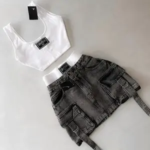 matching sets women 2 peice new fashion straps casual multiple pockets denim skirt sets goth womens versatile strap streetwear Womenswear Button Jeans