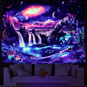 Lahasbja Blacklight Galaxy Planet Tapestry UV Reactive Waterfall Landscape Tapestry Mountain Wave Wall Tapestries Neon Nebula Plants Wall Hanging for Room