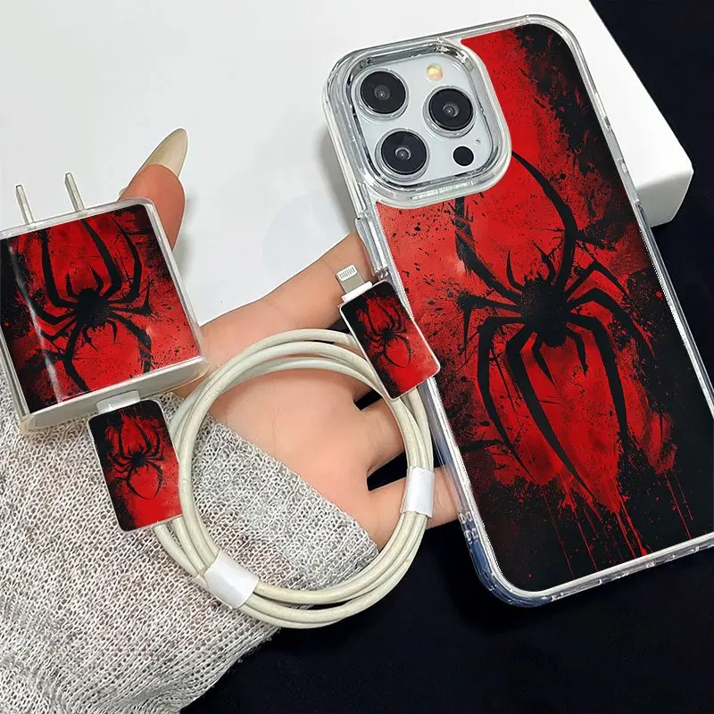 5 Piece Set Metal Frame Transparent Cool Spider Phone Case, Charger Head Cover, Cable Protector, Storage Rope for iPhone 15/16 Series