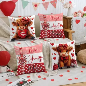 4pcs Valentine's Day Pillow Cover, Cute Highland Cow, Heart shaped Love Single sided Printed Decorative Sofa Cushion Cover, Valentine's Day, Wedding Anniversary, Wedding Room Living Room Sofa Decorative Pillow Cover (without Pillow Core)