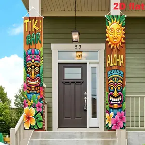 2DFlat2pcs TIKI BAR Hawaiian Style Door Banner, Party Decorations Banners, With Tiki Mask, Tropical Flower and Wood Grain Elements, Ideal for Hawaiian Themed Party, Pool Party, Outdoor Bar Decoration, Summer Garden Decor, Multi-Size Available
