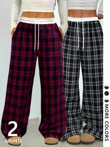 Women's Plaid Sweatpants Set, Casual Loose Fit Drawstring Waist, Fashion Streetwear for All Seasons, Youthful and Versatile, Everyday Clothes, Womenswear