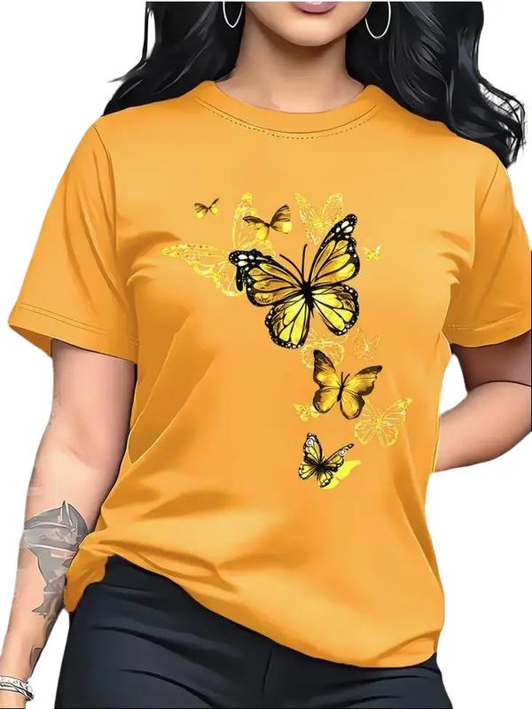 Women's Fitted Cut Soft Lightweight Short-Sleeve Cotton H-Type Printed Neck Top - Crew Neck, Pull-On, Golden Butterfly Graphic, Breathable Cropped, Ladies Style for Casual & Valentine's Day, Do Not Bleach