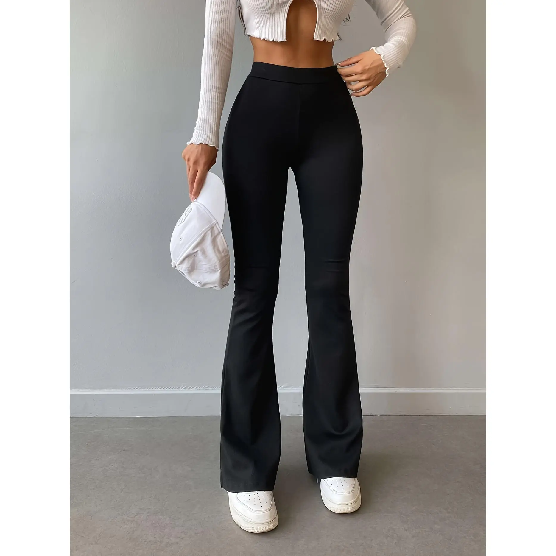 Women's High-Waisted Solid Color Bell-Bottom Joggers - 5% Spandex Polyester Knit Fabric, Tummy-Flattening Elastic, Butt Scrunched Sporty Chic Wear for Outdoor Sports, All Seasons, Dry Clean, Full Length, Daily Fit