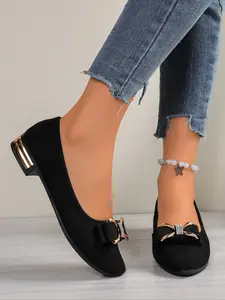 Women's Fashionable Black Bowknot & Rhinestone Accent Flats, Comfortable Lightweight Casual Walking Shoes, Versatile Daily Wear & Leisure Footwear, Stylish Classic-Inspired Ballet Flats with Durable Soft Sole