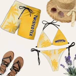 Matching Twisted Tea Palm tree Swimsuits for Couples -Swim Bra & Tie Side String Bikini + Men's Beach Shorts, Summer Vacation Swimsuit, Hawaiian Shirt Style, Aloha Beach Outfit, Casual Holiday Bathing Suits, Menswear & Womenswear