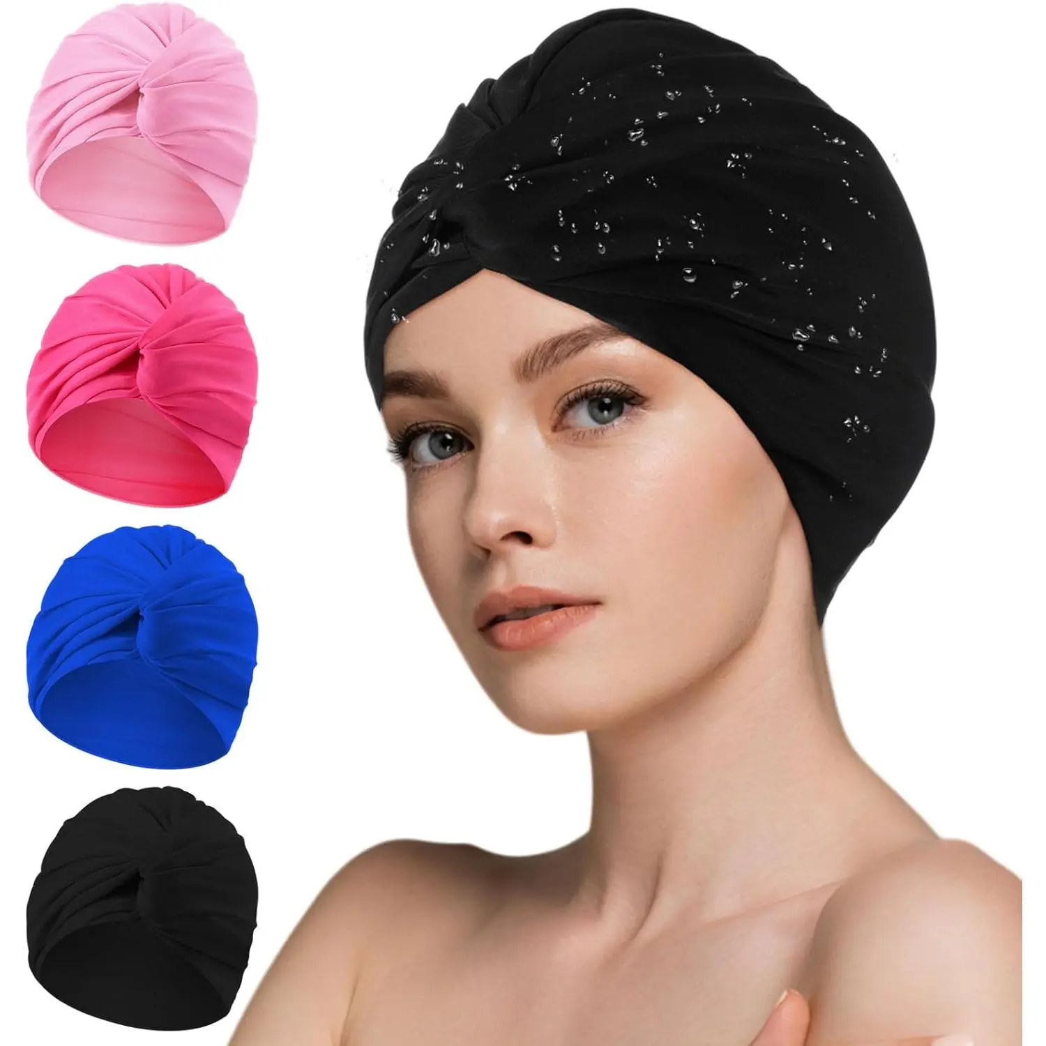 Swim Caps for Women Polyester Turban Strong Non-Slip Swimming Hat Elastic Swimming Pool Cap for Long and Short Hair