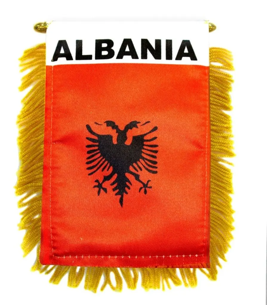 Albania Country Flag Mini Banner - 4x6 in Polyester Fabric Backdrop with Glass, Plastic Hangers, Party Decor Props for Home, Car Window, Festive Occasions