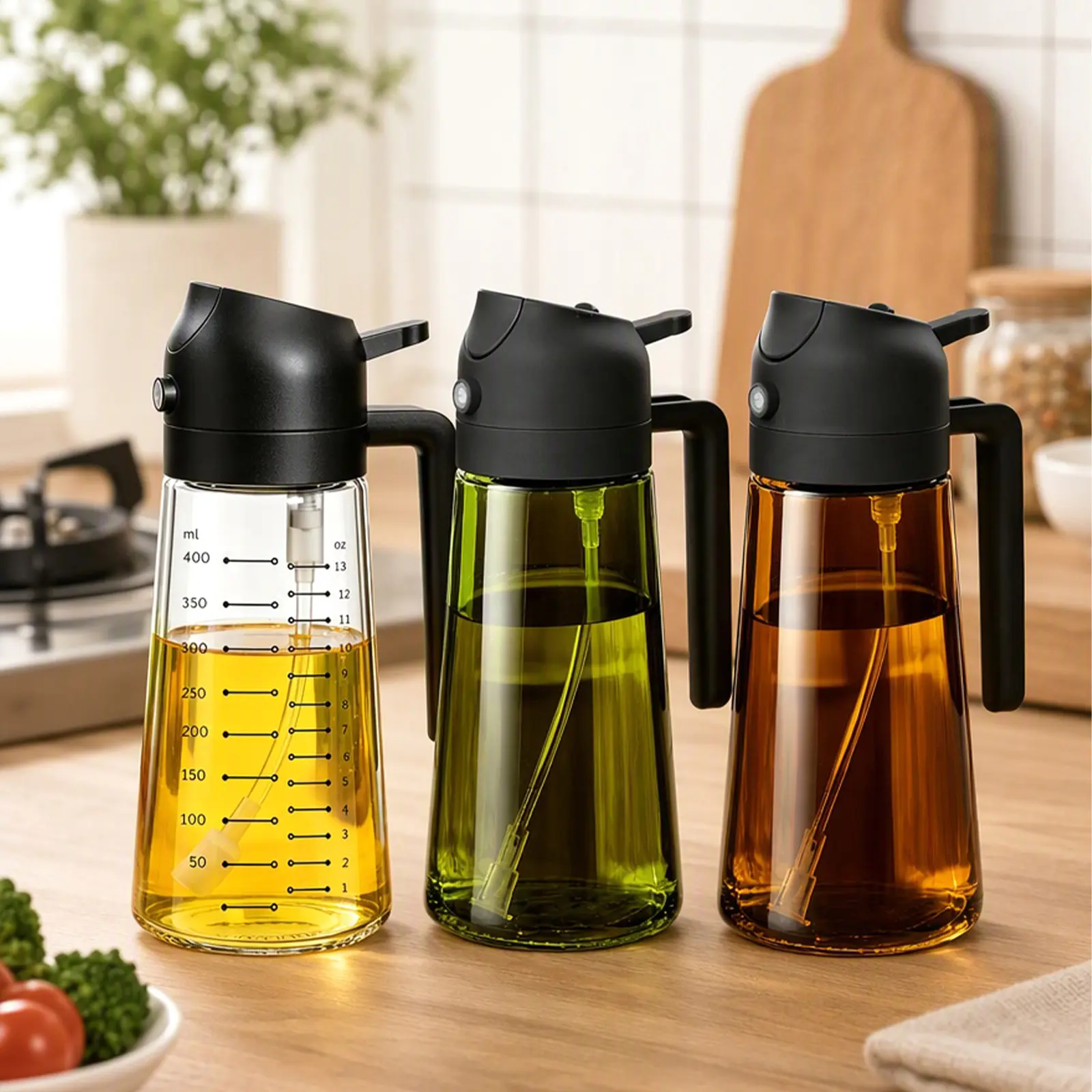 3-Pack Color Set Kitchen Glass Sprayers, 16oz/470ml 2-in-1 Oil & BBQ Dripless Oil Dispensers, Kitchen Utensils for Air Fryer Frying (Black+Green+White)