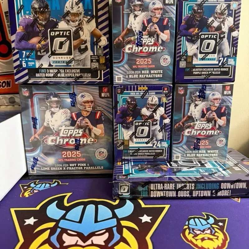 PYT #064: (2) 2025 Topps Chrome Blaster Boxes, (2) 2025 Panini Donruss Optic Blaster Boxes, (1) 2025 Panini Donruss Optic Mega Box, (1) 2025 Topps Chrome Mega Box, (1) 2025 Panini Donruss Optic IHobby Box, (1) MNE Repack Box. (8 boxes total)