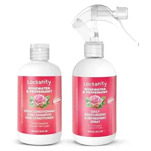 Locsanity Loc Cleanser & Moisturizer Bundle - 2-in-1 Rosewater & Peppermint Shampoo Conditioner, Gentle Hydrating Daily Spray - Plant-Based Haircare Kit for Locs