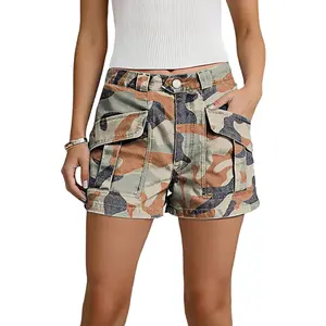 Flamingals Camo Print Patched Pocket Mid Waist Shorts Womenswear Stretchy 3.5" Inseam