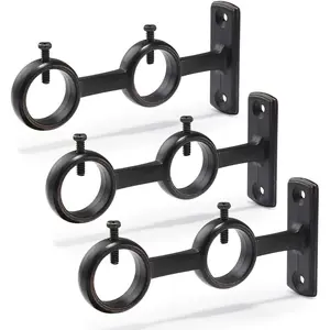Curtain Rod Bracket, 3 count Adjustable Curtain Rod Holder, Double Curtain Brackets Wall Mount Curtain Rod Hooks for Living Room Bathroom Bedroom Curtain rods, Drapery Rods (Black)
