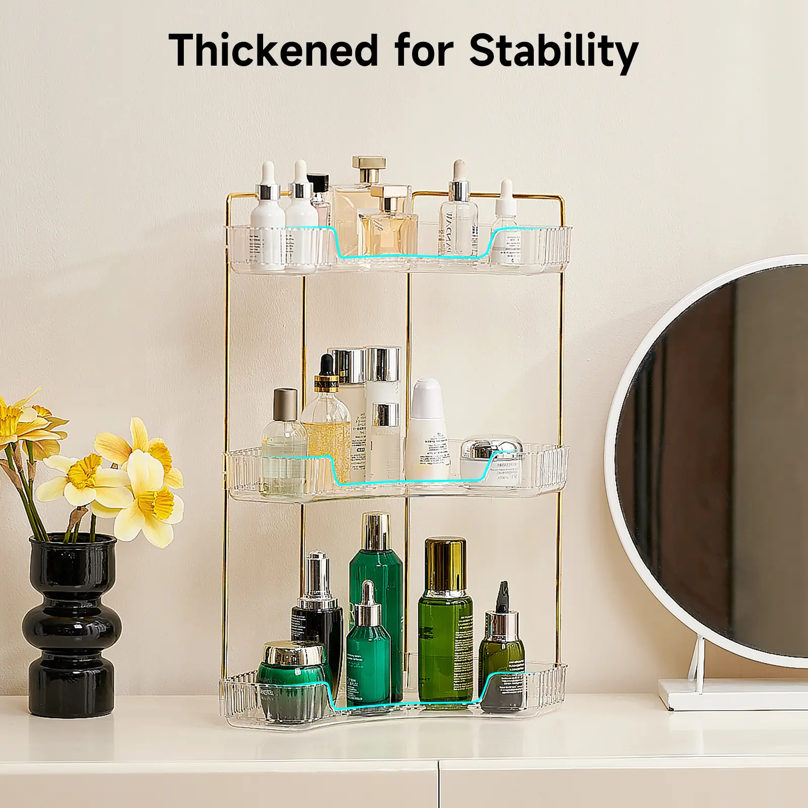 UFORU 3 Tiers Corner Bathroom Counter Organizer, Clear Countertop Shelf Storage Rack, Cosmetic Perfume Tray Standing Holder with Gold Metal Pole, Skincare Sink Organizer for Vanity Kitchen Smooth Plastic