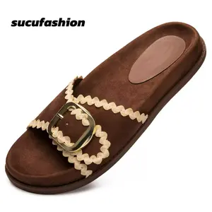 SUCUFashion Stylish Women's Buckle Suede Slides for Outdoor with Rubber Sole Comfortable and Trendy
