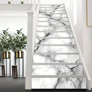 13pcs Self-Adhesive Stair Stickers - White Marble with Black Veining PVC Glossy Finish, 39.37"x7.08" Modern Rectangular Decals for Bathroom Floor Tile Ideas, Easy Peel & Stick Home Decor, Stickers for Stairs Indoor, Staircase Renovation, Durable