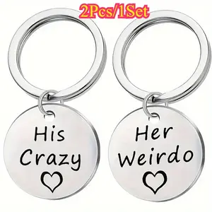 2pcs Stainless Steel Keychain Set, Casual Style, "His Crazy" and "Her Weirdo" Engraved, Couple Gift for Women and Girls Personalized Leash