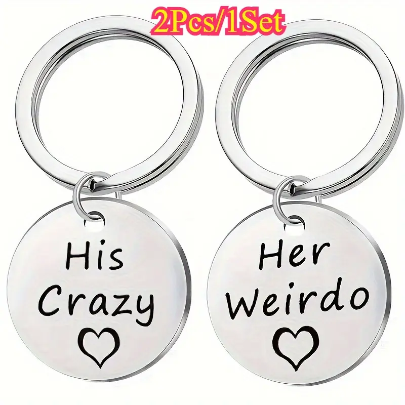 Custom Designs Engraved Message Stainless Steel Keychain Set (2pcs), Casual Style with "His Crazy" "Her Weirdo" Engravings, Couple Gift for Women, Custom Designs Keychains, Engraved Message Keychains