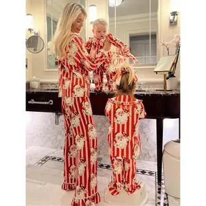 Christmas Family Matching Satin Pajama 2Pieces Set Ruffle Hem Peter Pan Collar Button Down Long Sleeve Shirt + Long Pants Set Xmas Loungewear Outfit Santa Claus Striped Sleepwear