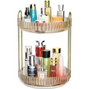 360°Rotating Makeup Organizer, 2 Tier Bathroom Counter Organizer, Large Capacity Spinning Storage for Perfume Cosmetics Skincare, Dresser Countertop Vanity Organizer for Women (Gold)