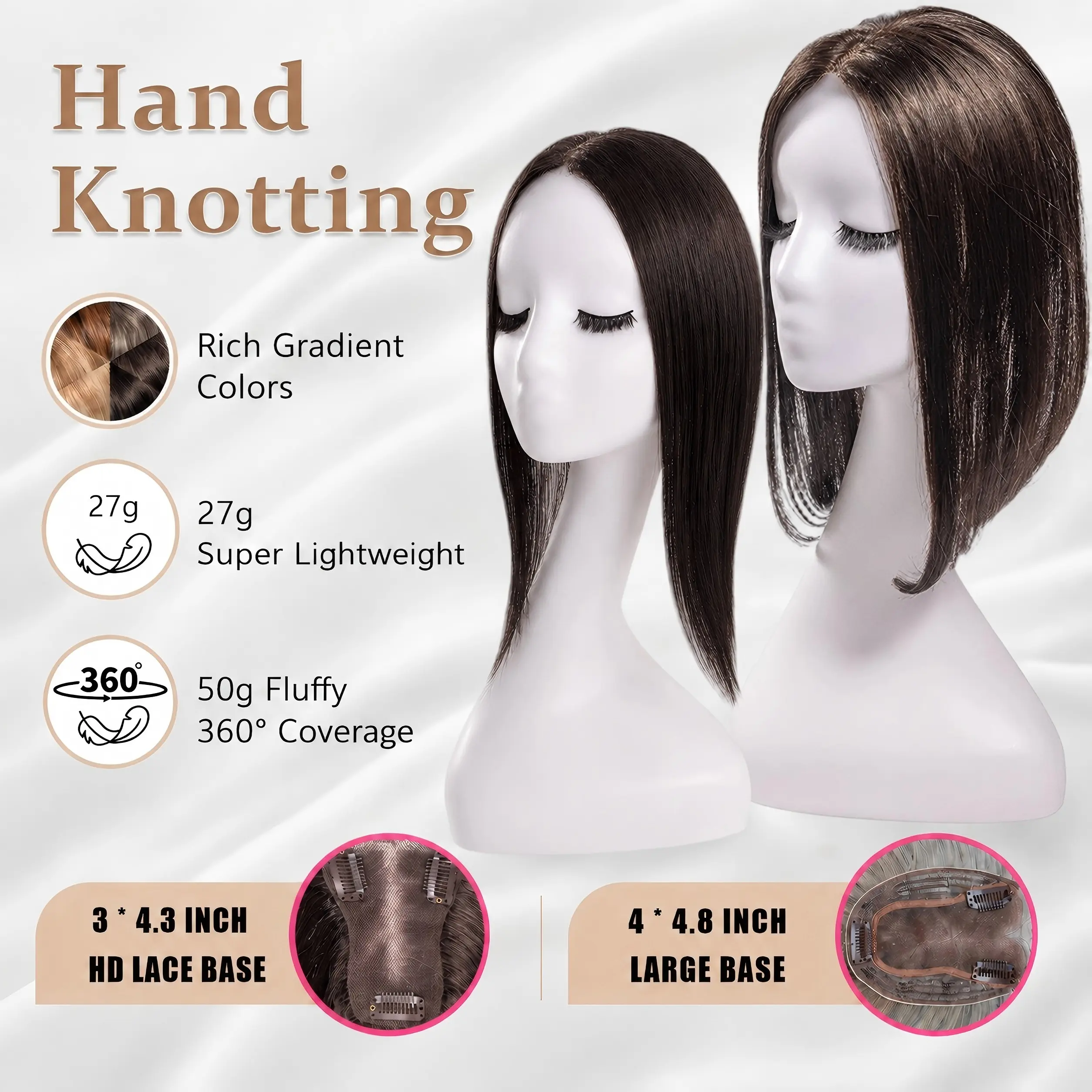 EC Hair Topper for Women – 27g Lightweight & 50g Fluffy 360° Coverage, 14 Inch Straight Synthetic Hairpiece with Hand-Knotted Lace Base, 3 Clip-In Design, No Glue No Sew, Covers Grey Roots, Adds Instant Volume for Thinning Hair