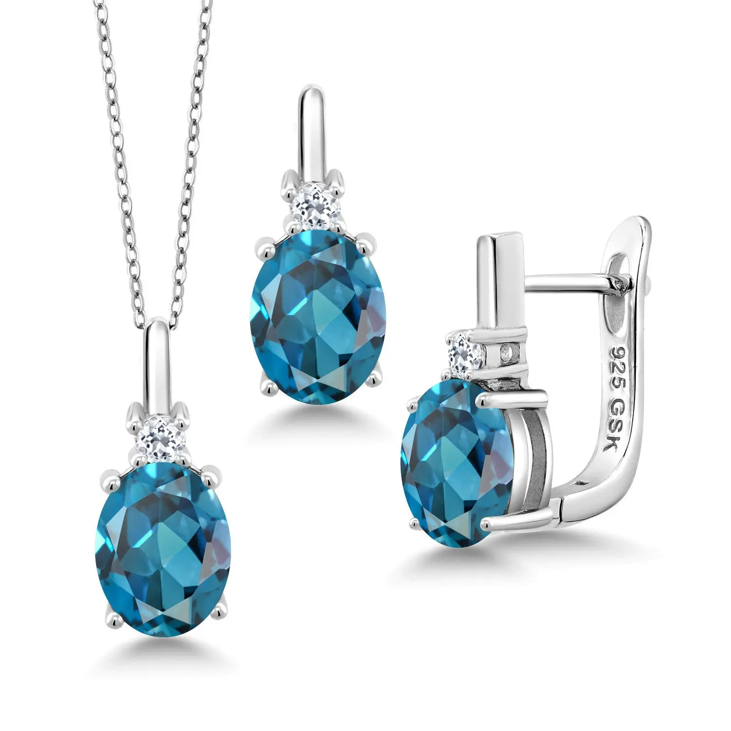 Gemstone Birthstone and White Topaz Pendant and Earrings Jewelry Set for Women in 925 Sterling Silver | Oval 8X6MM and Round 2.5MM | Fine Jewelry Set for Her Mom Women Wife | With 18 Inch Chain