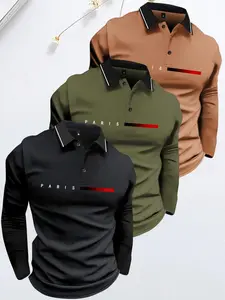 3PCS Men's Spring & Fall Casual Long Sleeve T-Shirt Polo Shirt with Paris Letter Print Pattern Fashionable Lightweight Top, Perfect Gift for Husband or Boyfriend, Suitable for Street Style, Commuting, Outdoor Activities, Vacation Wear Beige Set