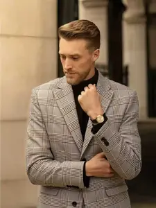 Men's New Fall Winter Casual Houndstooth Suit Jacket, Woven Fabric, Moderate Thickness, Stylish Outerwear for Daily Wear