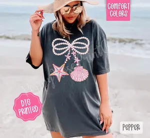 Pearl Shell Bow Comfort Colors Tshirt, Cute Summer Tee, Girly Beach Shirt
