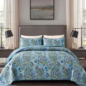 Teal Paisley Quilt Set  Size Boho Bedspread Set 3 count, Soft Lightweight Microfiber Coverlet Set Paisley Floral  Bedding for All Season (Teal, 110''x90'')