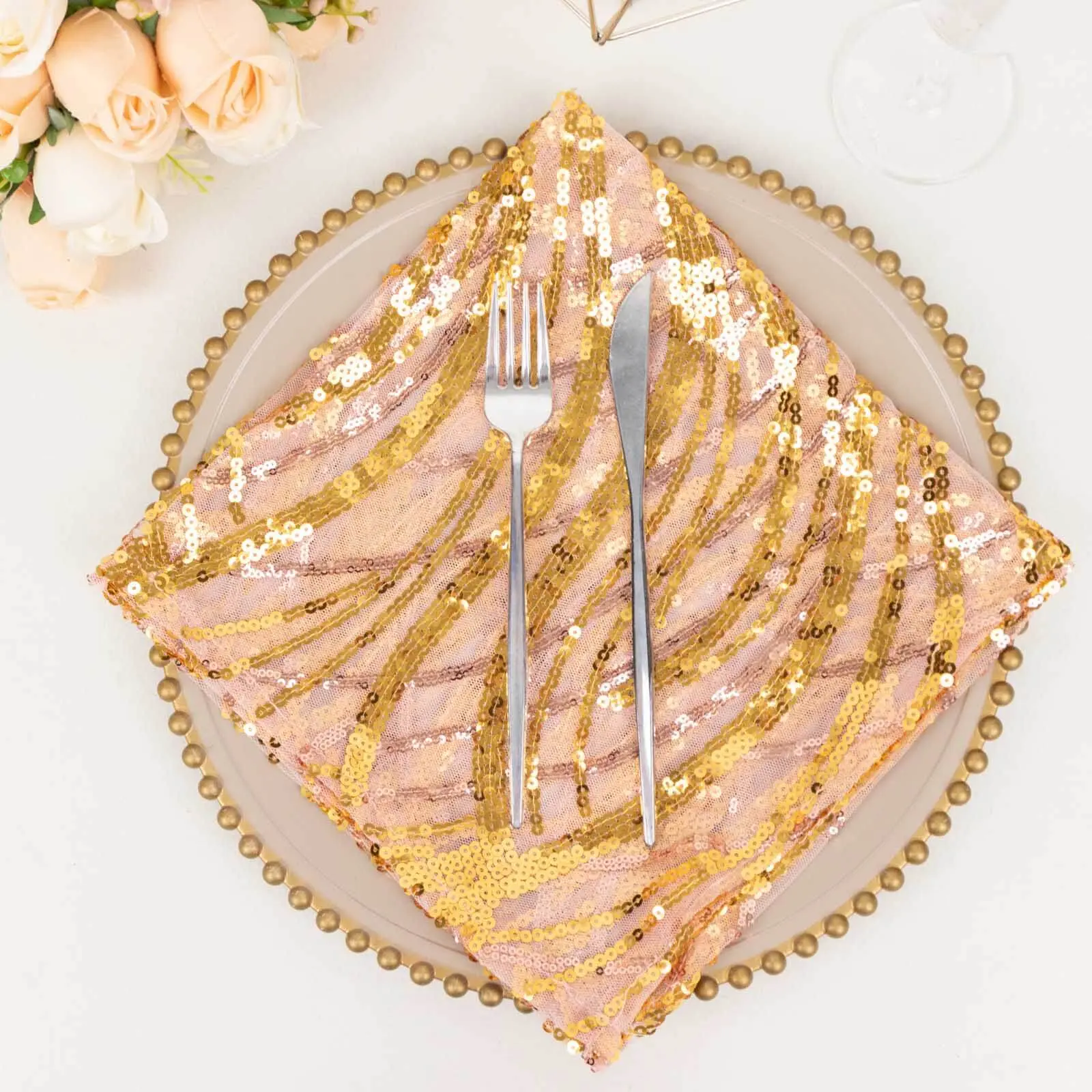 Reusable Rose Gold Sequin Mesh Tableware Napkin, 20"x20" Wave-Embroidered Cloth Napkin