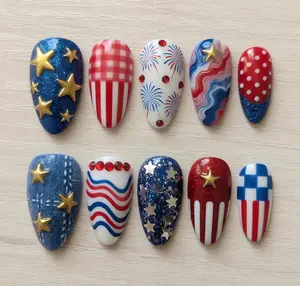 4th of July Press On Nails, Patriotic Red White Blue Set, 3D Star Denim Nails, Independence Day USA Themed Nails, Firework Stripes Nail Art