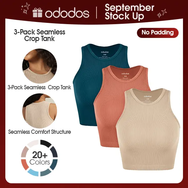 ODODOS Women's 3-Pack Seamless Waist-Length Tank Tops - No Padding, Ribbed Soft High Neck, Tight-Fitting, Seamless Knit, Sleek Look, Waist-Length Cut Adds Modesty, Flattering Tops for Women