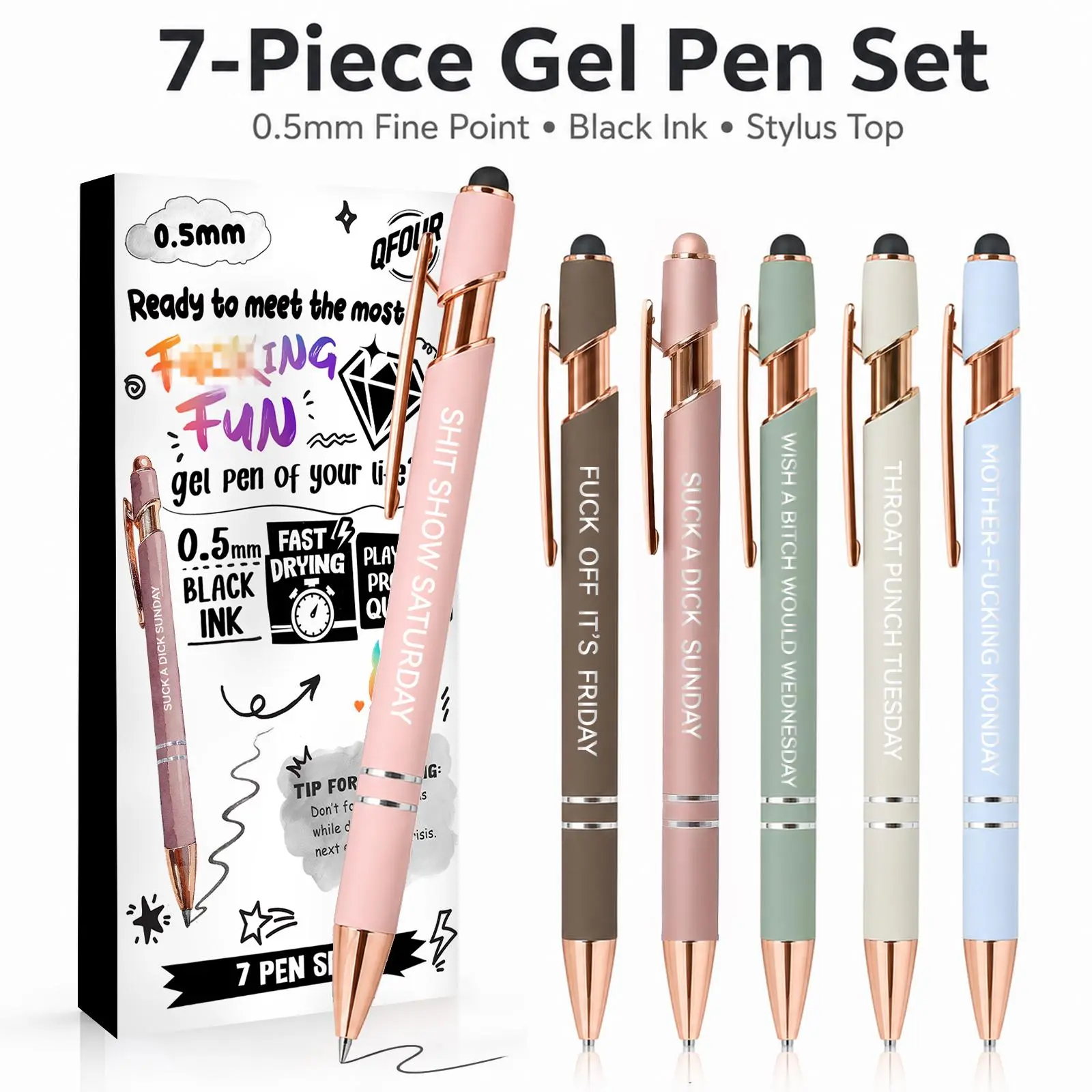 7-Pack Funny Adult Gel Pens, Weekday Swear Word Pens with Quick-Dry Fine Point Ink & 2-in-1 Stylus Tip, Cute Novelty Office Gift Pens for Coworkers