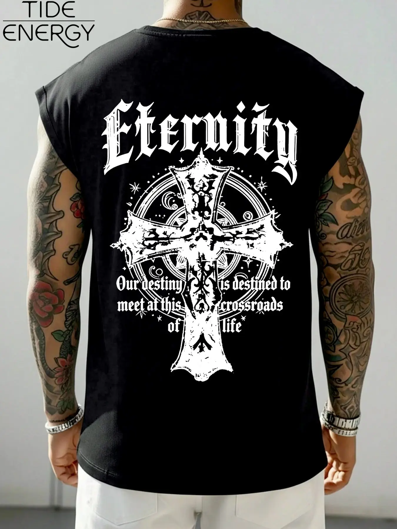 Men's Y2K Dark Sleeveless Vest, Eternity Gothic Cross Fate Slogan Print Tee, Loose Fit Streetwear Shoulder Pad, Casual Daily Wear, Casual Streetwear Top