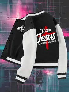 Letter Jesus Print Lightweight Varsity Jacket, Colorblock Design, Fall & Winter Warm Baseball Coat, Casual Fitted Style