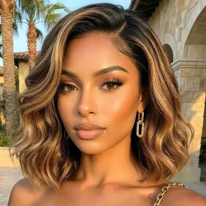 UNice Glueless Balayage Highlights with Golden Brown Body Wave Bob Wig Side Part 7x5 HD Lace Closure Human Hair Wigs with Drawstring Natural Hairline