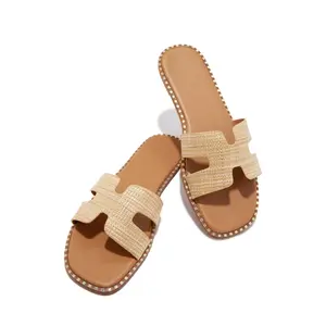 Santorini Beaches Slip On Slide Sandals - Raffia