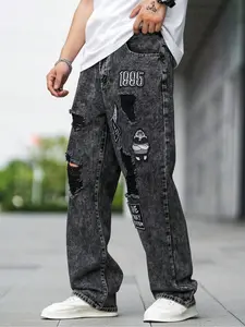 Men's Ripped Straight Leg Jeans, Casual Comfy Denim Trousers for Daily Wear, Fashion Men's Bottoms for All Seasons, Ripped Knee Jeans