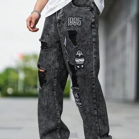 Men's Ripped Straight Leg Casual Streetwear Jeans, Casual Comfy Denim Trousers for Daily Wear, Fashion Men's Graphic Print Bottoms for All Seasons