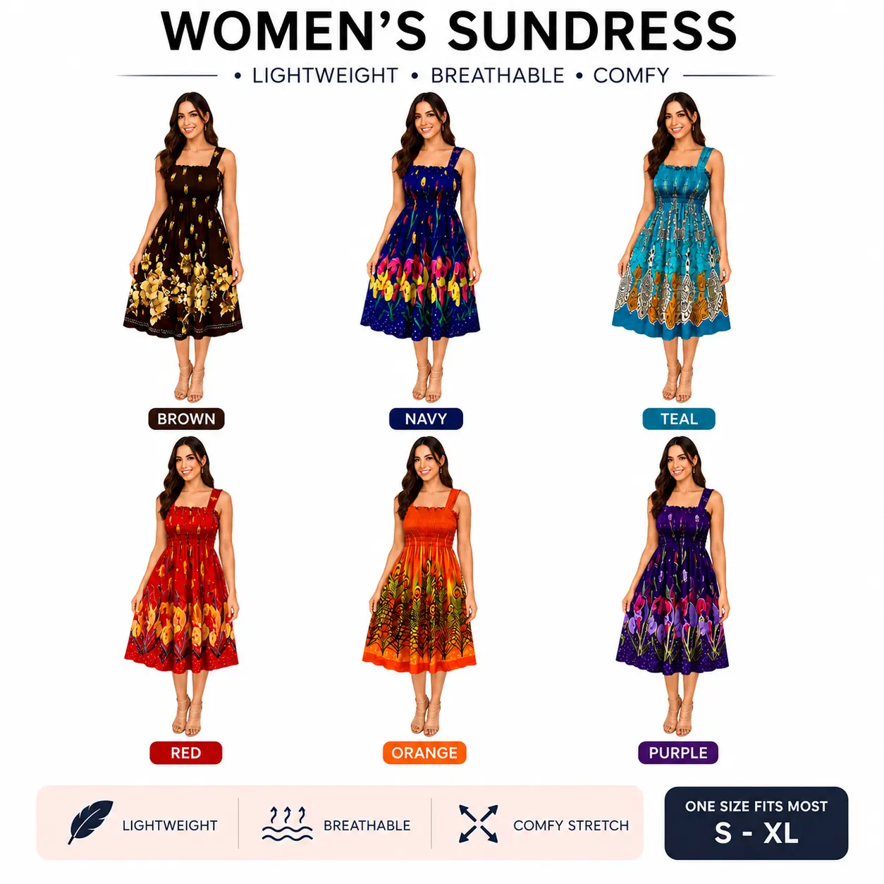 6  pieces Women summer boho dress casual floral print spaghetti strap square neck short dress Random Color