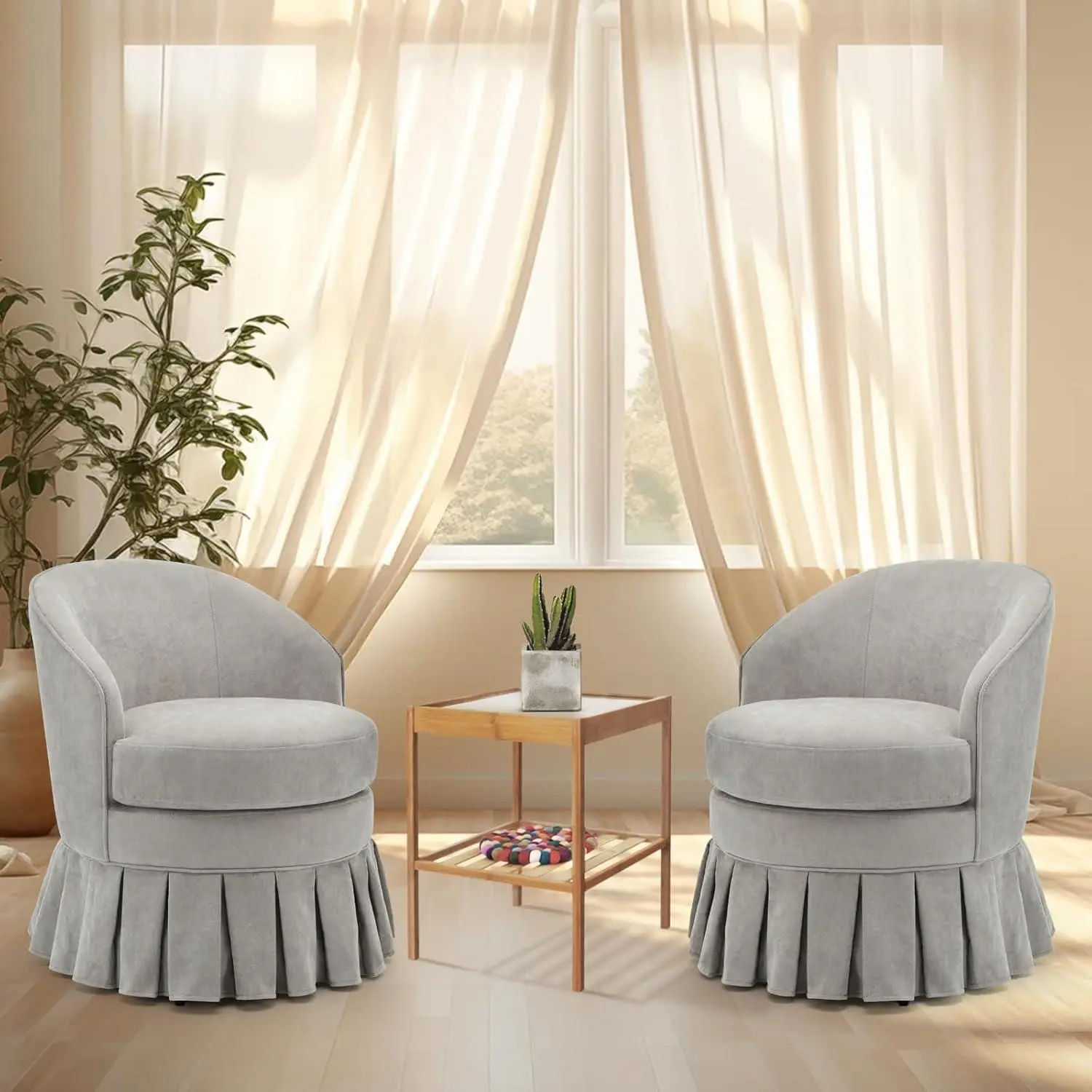 Scandinavian Style Mid-Century Modern Curved High-Back Swivel Upholstered Dining Armchair - Single Seat, Tool-Free Setup, Armrests, Side Pockets, Gray Linen Fabric for Living Room, Bedroom