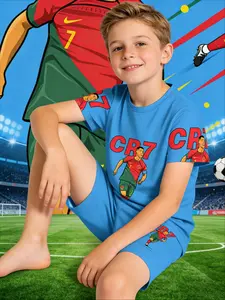 Boys' Blue Base Portugal Ronaldo Jersey, Full Print, Casual Summer, Party, Vacation, School, Outdoor Wear